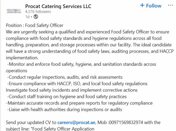 Food SafetY Officer - Dubai