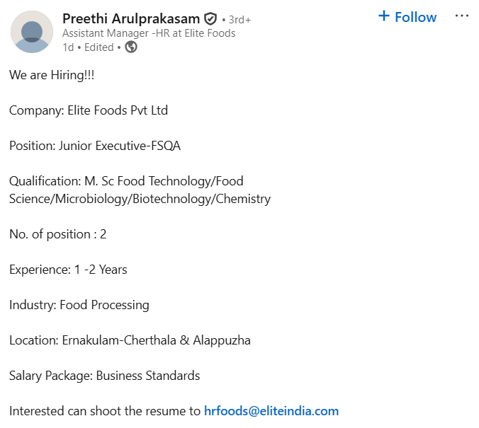 FSQA Junior Executive - Food Processing - FoodTechSafety
